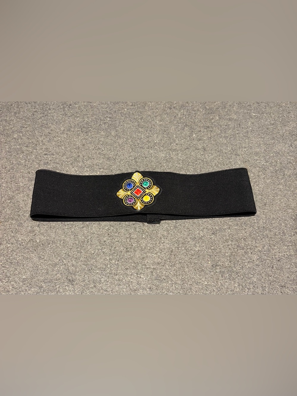Black Elastic Waist Belt with Embroidered Gold Medallion and Multicolor Gems